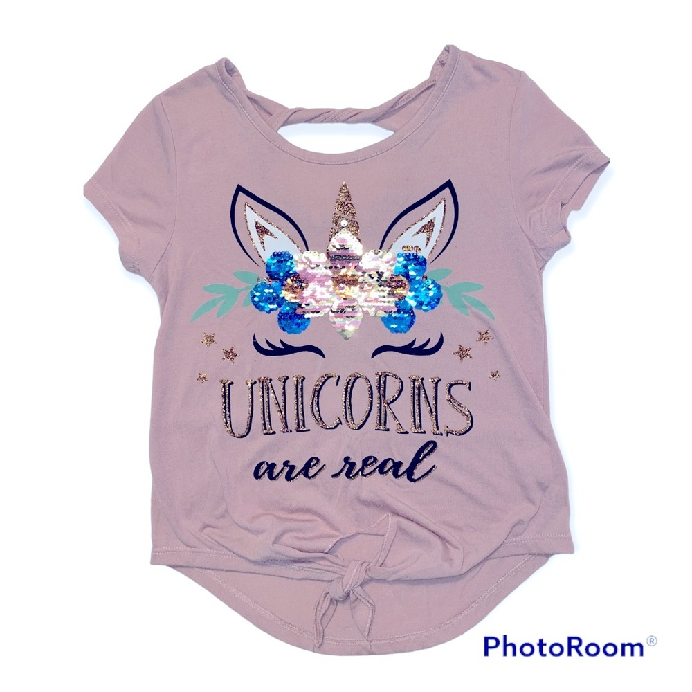 Beautees Girls Tie-Front Unicorn Flip Sequin Tee Size Small (7)